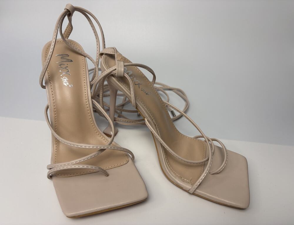 Mixx Shuz Lace Up Heels Size 6.5 Beige Strappy Thong Square toe Sandals